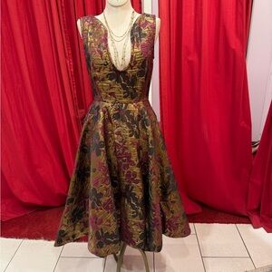 Issue New York Metallic Gold and Burgundy Floral Midi Dress